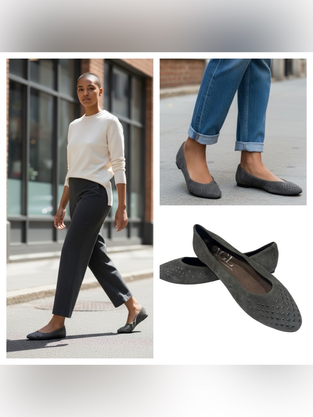ATTILIO GIUSTI LEOMBRUNI Grommet Flats Shoes Women's Size 38 US 7.5 Grey Suede